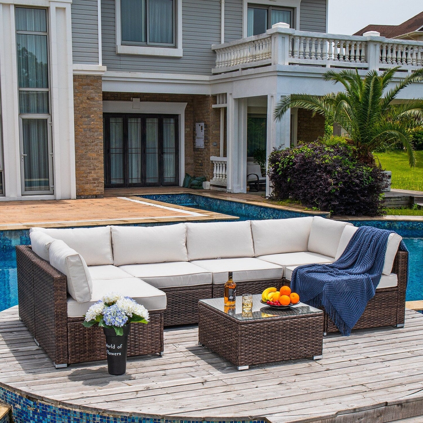 Divano componibile in vimini per patio da esterno COSIEST da 7 pezzi con tavolino da caffè