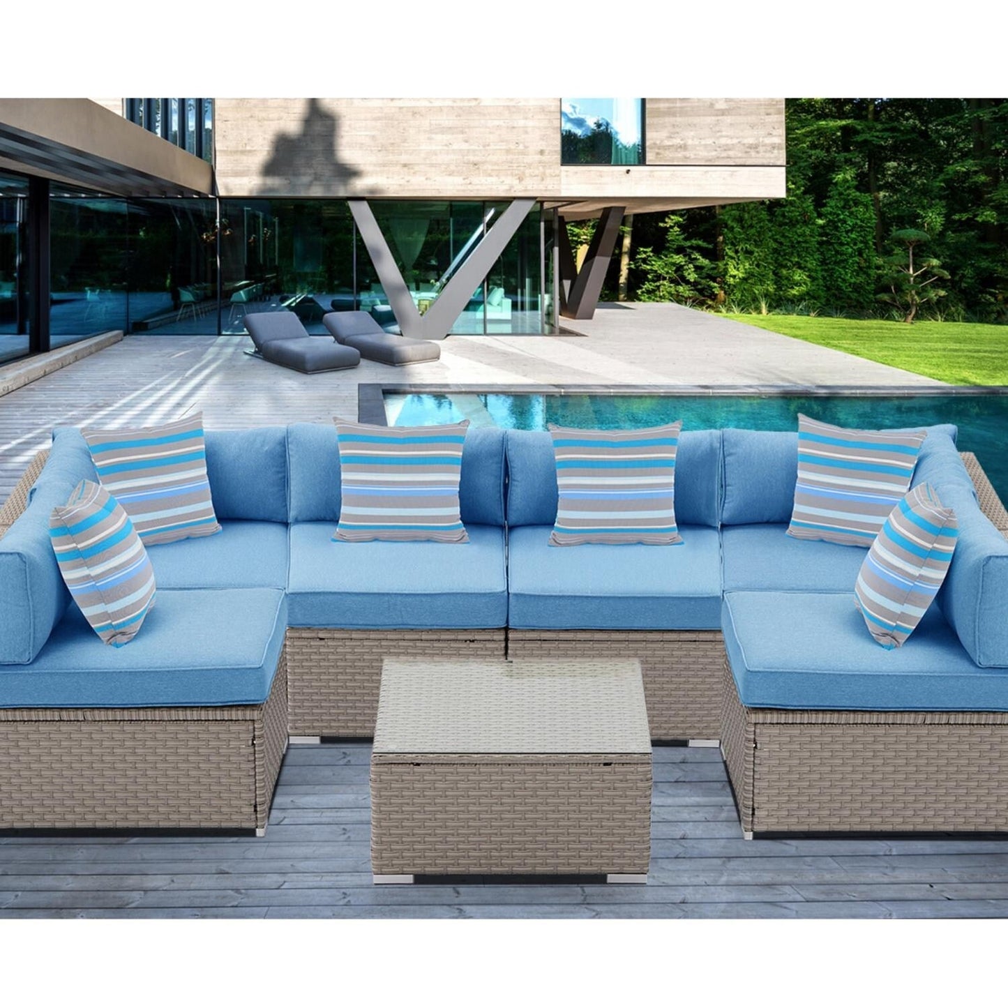 Divano componibile in vimini per patio da esterno COSIEST da 7 pezzi con tavolino da caffè