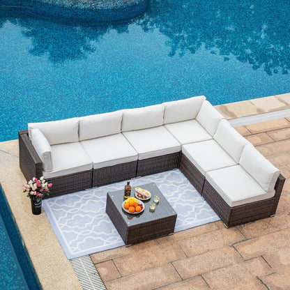 Divano componibile in vimini per patio da esterno COSIEST da 7 pezzi con tavolino da caffè