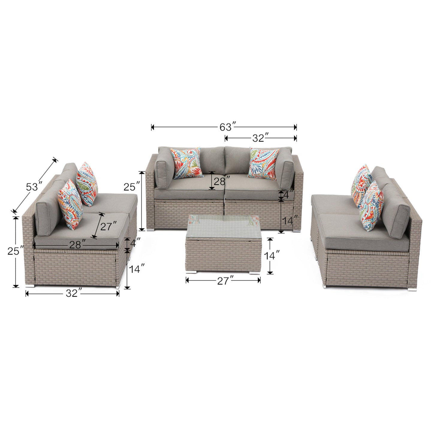 Divano componibile in vimini per patio da esterno COSIEST da 7 pezzi con tavolino da caffè