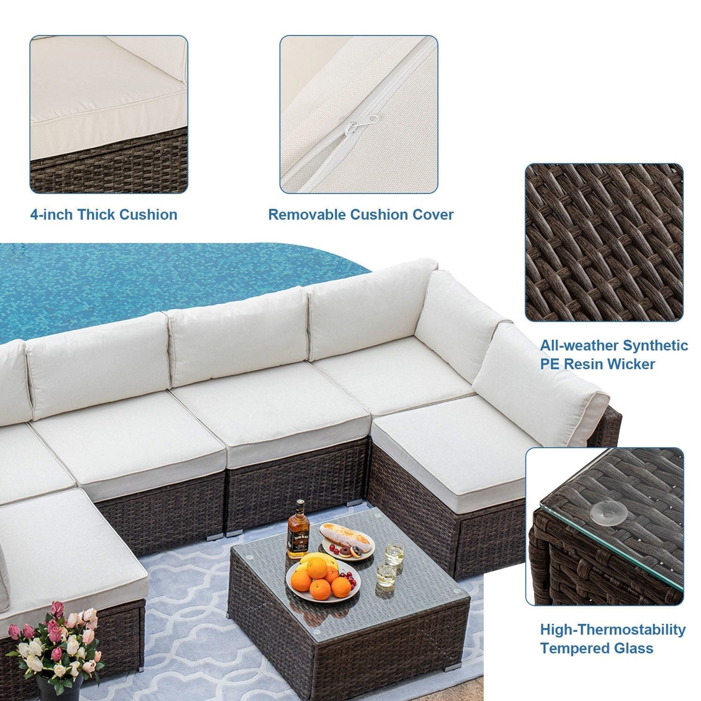 Divano componibile in vimini per patio da esterno COSIEST da 7 pezzi con tavolino da caffè