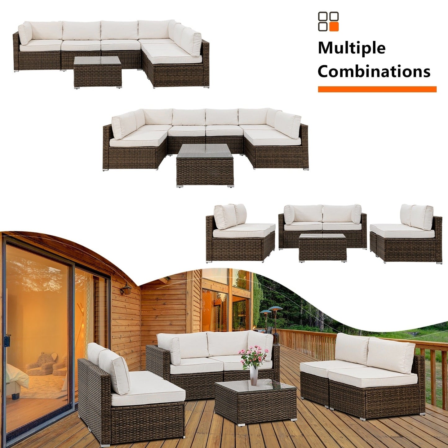 COSIEST - Set di divani componibili in vimini per esterni da 7 pezzi