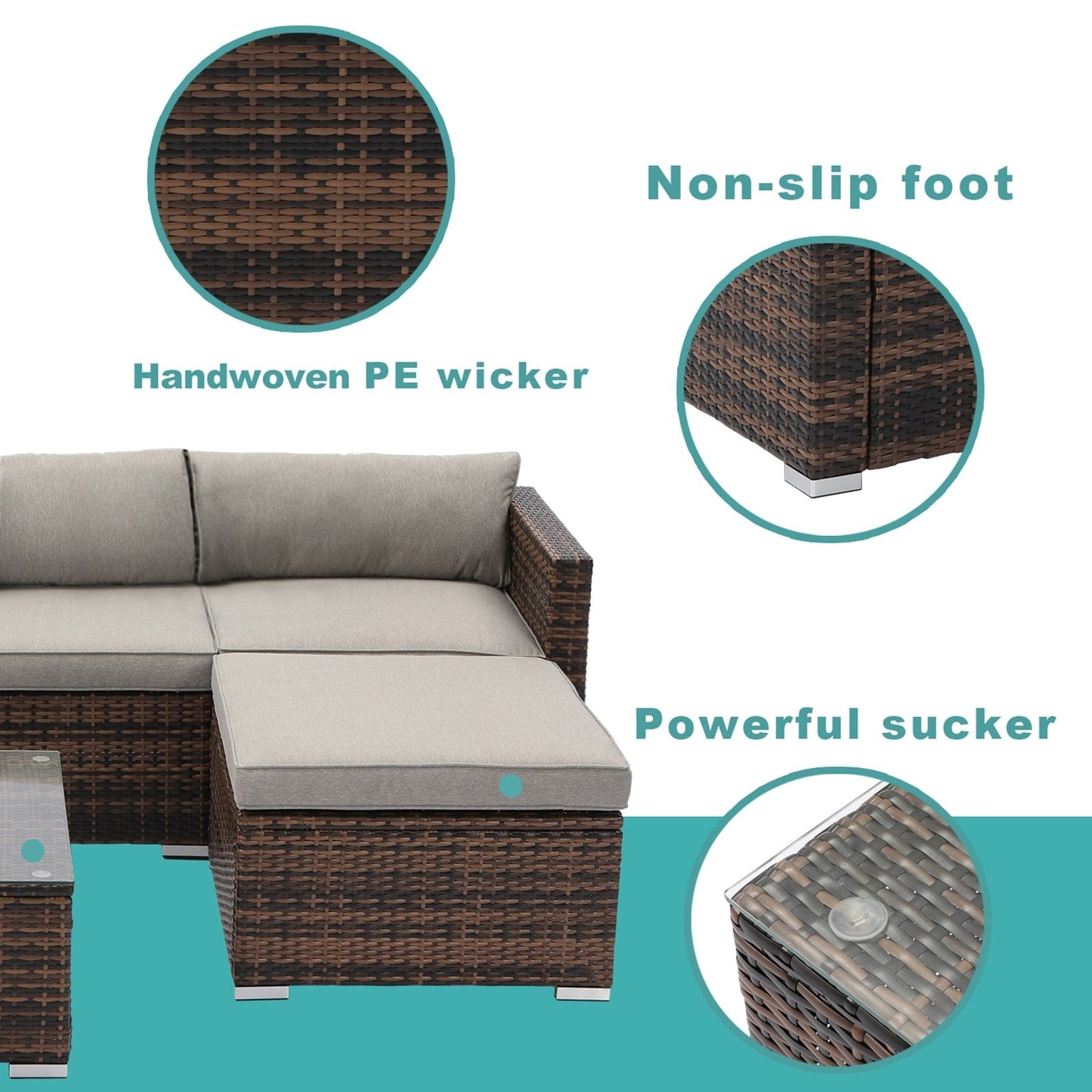 Divano componibile da esterno COSIEST in vimini da 6 pezzi, poltrona con pouf