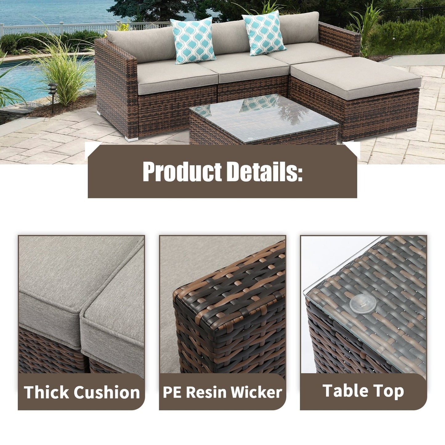 COSIEST - Set di divani componibili in vimini marrone per esterni da patio