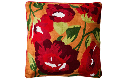 Ricamo - Cuscino Fiori Rossi Su Fondo Arancio