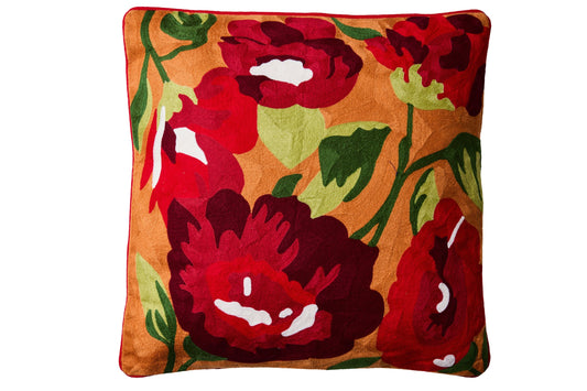 Ricamo - Cuscino Fiori Rossi Su Fondo Arancio