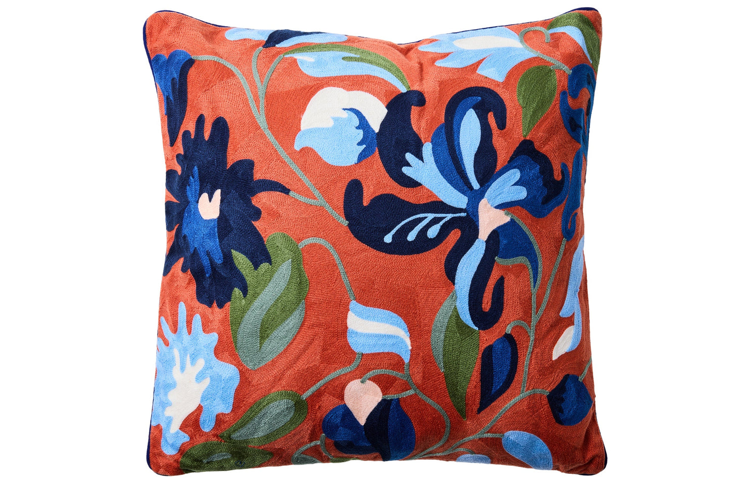 Ricamo - Cuscino Fiori Blu Su Fondo Arancio