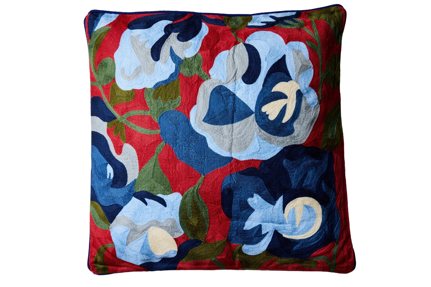 Ricamo - Cuscino Fiori Blu Su Fondo Rosso