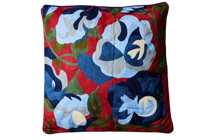 Ricamo - Cuscino Fiori Blu Su Fondo Rosso