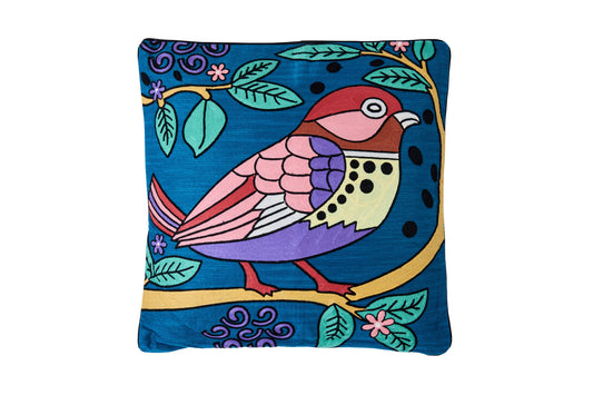 Ricamo - Cuscino Uccellino Su Sfondo Blu Ricamato A Mano