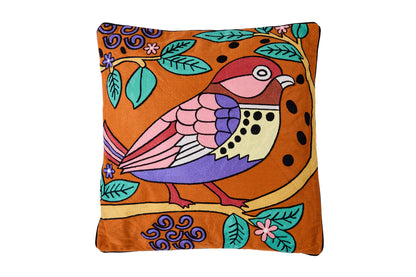 Ricamo - Cuscino Con Uccellino Su Ramo Fondo Arancio