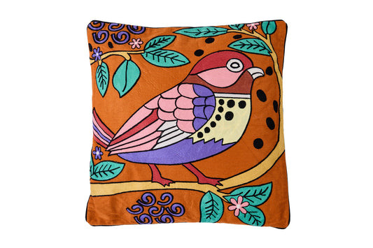 Ricamo - Cuscino Con Uccellino Su Ramo Fondo Arancio