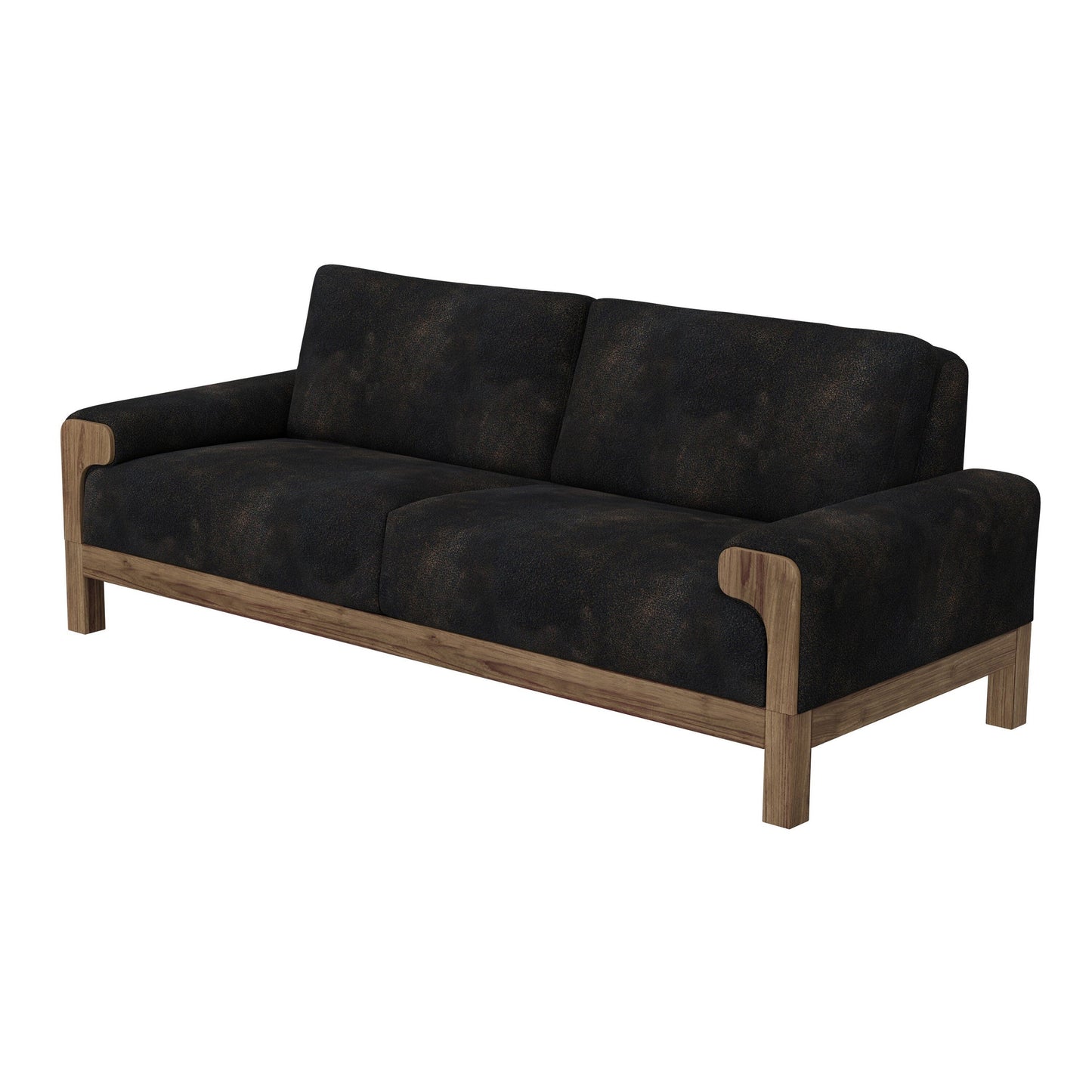 Divano Caisy, similpelle nera, struttura in legno massello color caramello, 93 pollici