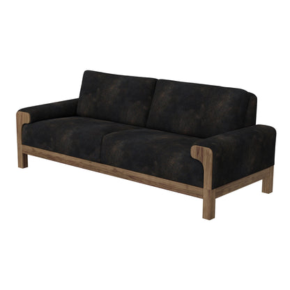 Divano Caisy, similpelle nera, struttura in legno massello color caramello, 93 pollici