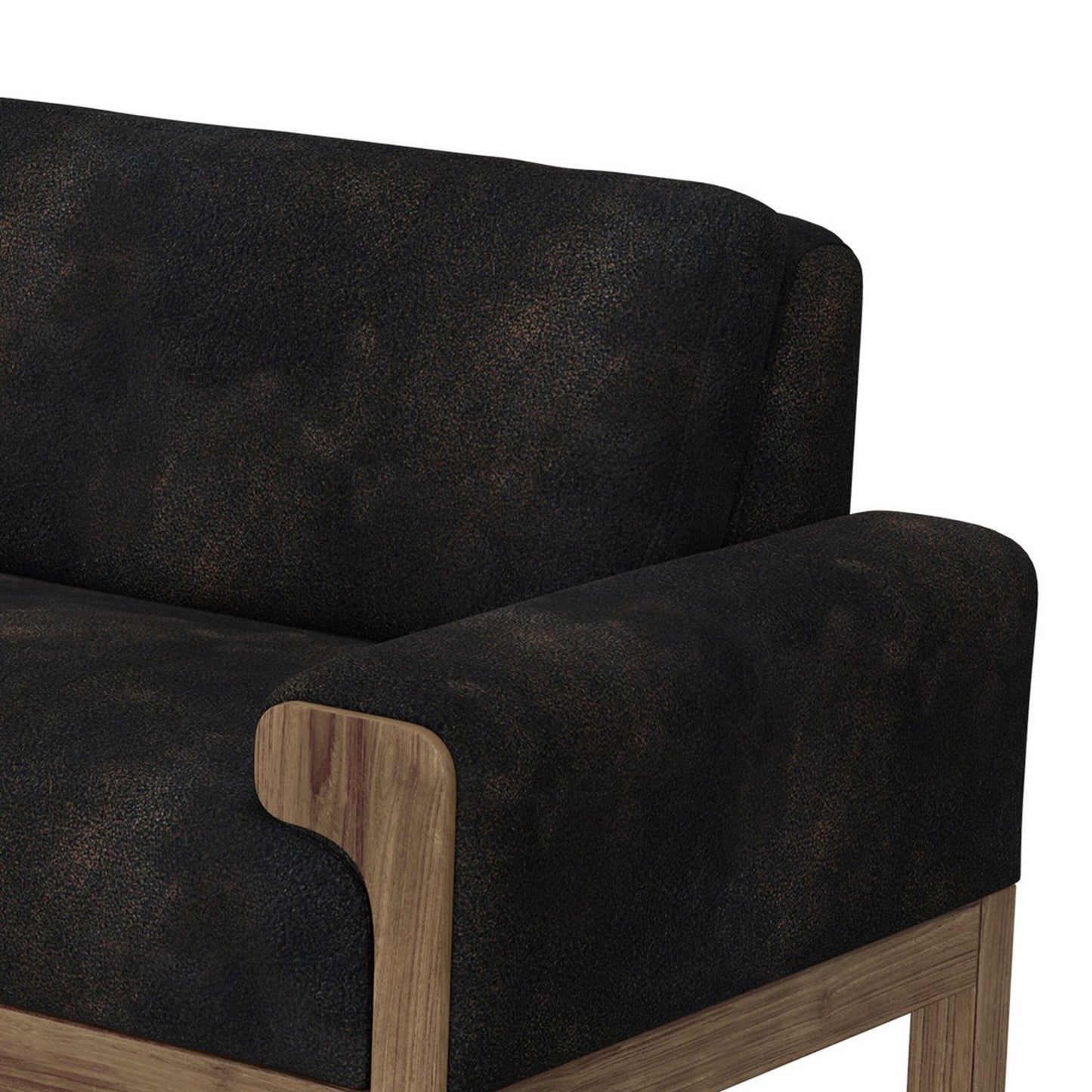 Divano Caisy, similpelle nera, struttura in legno massello color caramello, 93 pollici