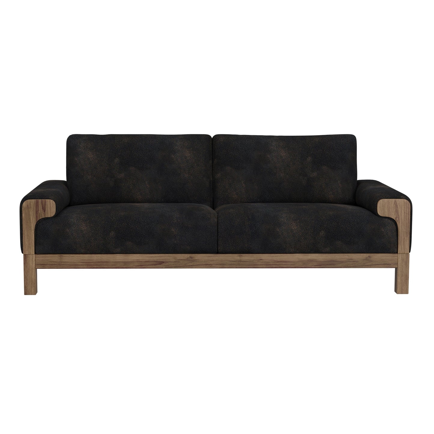 Divano Caisy, similpelle nera, struttura in legno massello color caramello, 93 pollici