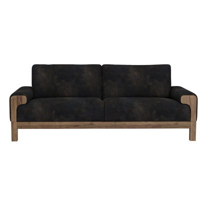 Divano Caisy, similpelle nera, struttura in legno massello color caramello, 93 pollici