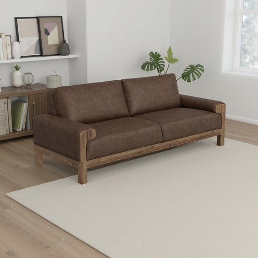 Divano Caisy, tessuto marrone cioccolato, cuscini in schiuma, legno massello, 93 pollici