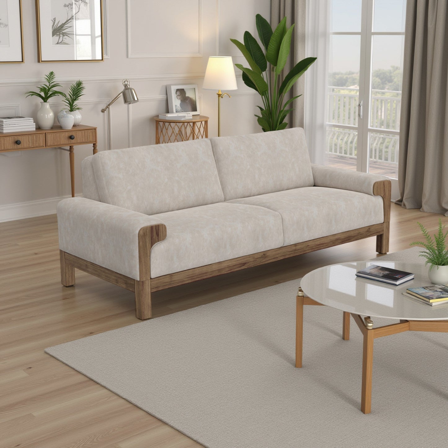 Divano Caisy, tessuto grigio, cuscini in schiuma, legno massello color caramello, 93 pollici