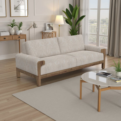 Divano Caisy, tessuto grigio, cuscini in schiuma, legno massello color caramello, 93 pollici