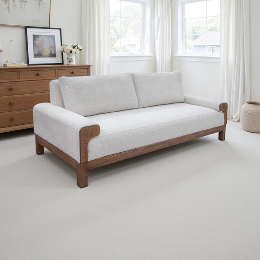 Divano Caisy, poliestere avorio, cuscini in schiuma, struttura in legno di pino massello, 93 pollici