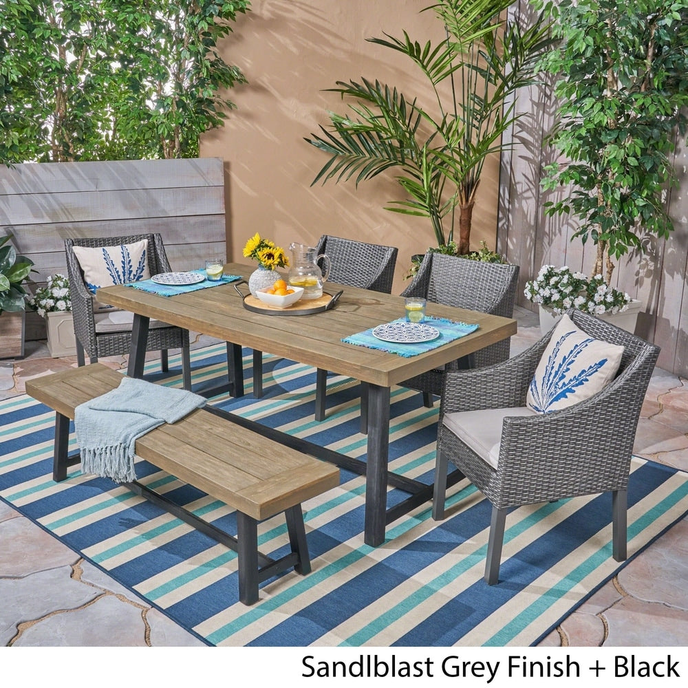 Set da pranzo Calero Outdoor da 6 pezzi in legno e vimini con sedie e panca di Christopher Knight Home