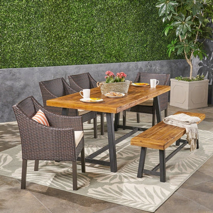 Set da pranzo Calero Outdoor da 6 pezzi in legno e vimini con sedie e panca di Christopher Knight Home