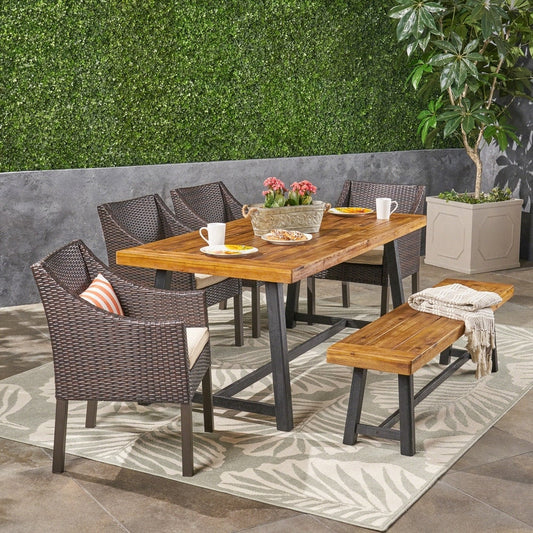 Set da pranzo Calero Outdoor da 6 pezzi in legno e vimini con sedie e panca di Christopher Knight Home