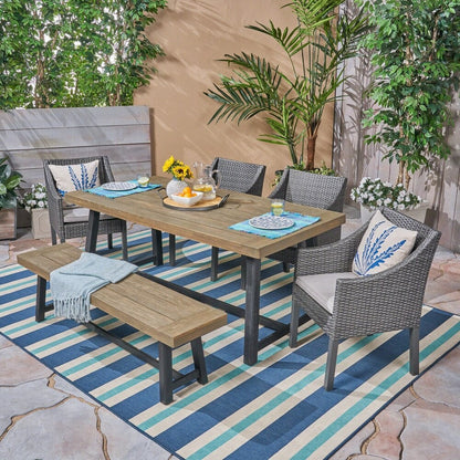 Set da pranzo Calero Outdoor da 6 pezzi in legno e vimini con sedie e panca di Christopher Knight Home