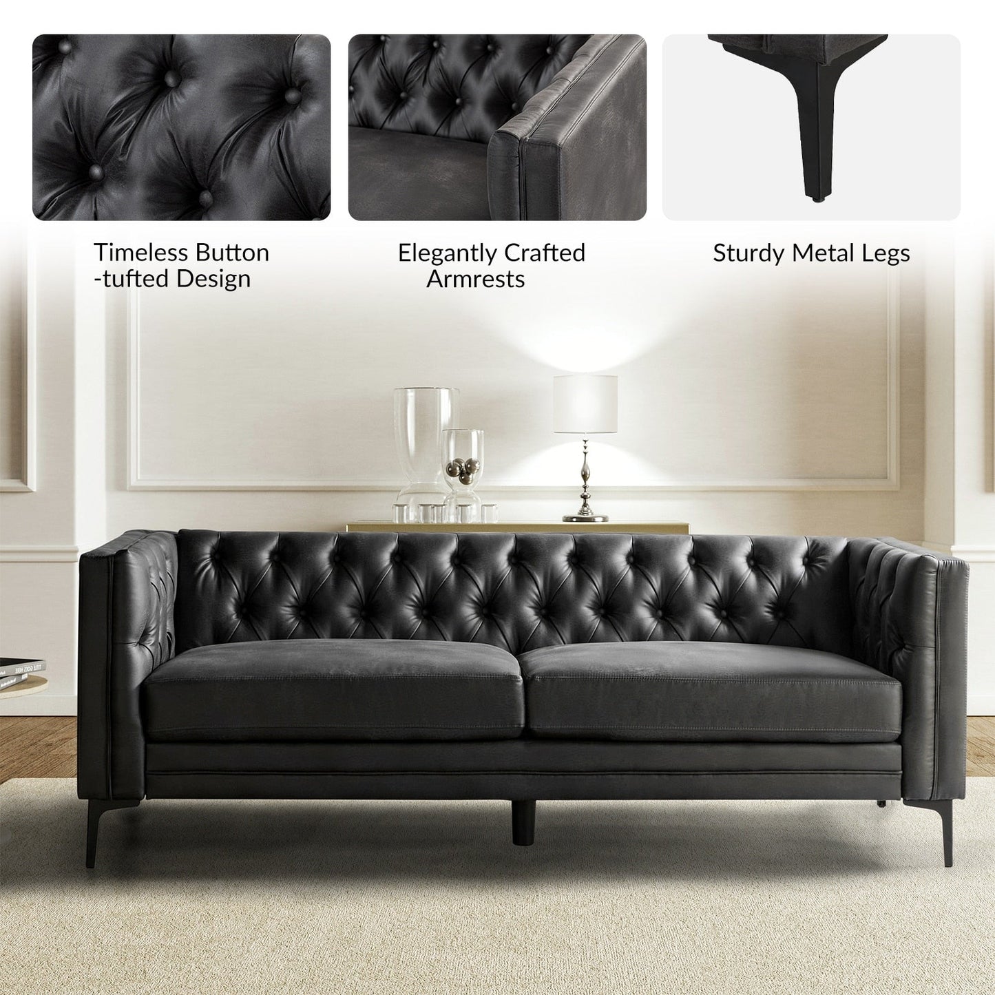 Divano classico con braccioli quadrati Calymne 84 e schienale con bottoni trapuntati di HULALA HOME