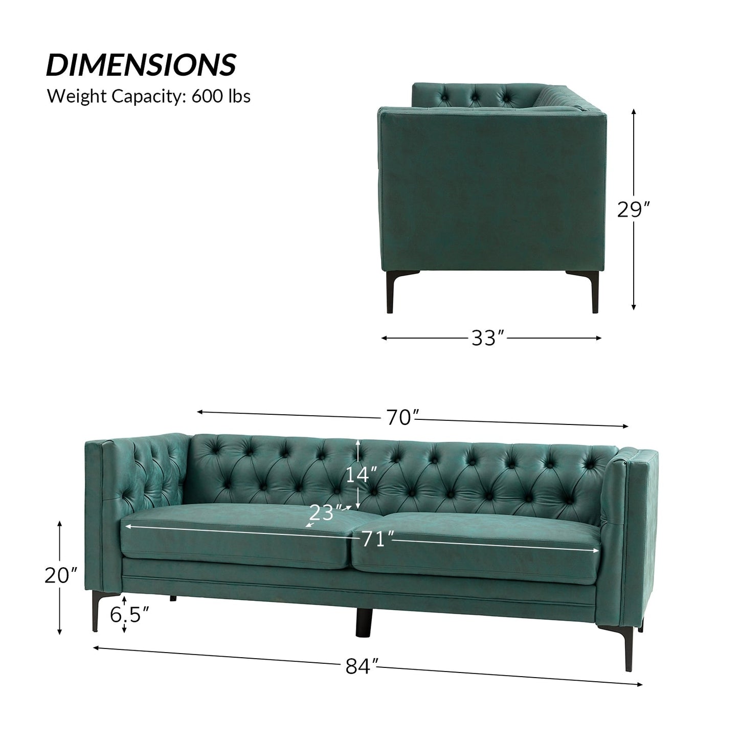 Divano classico con braccioli quadrati Calymne 84 e schienale con bottoni trapuntati di HULALA HOME