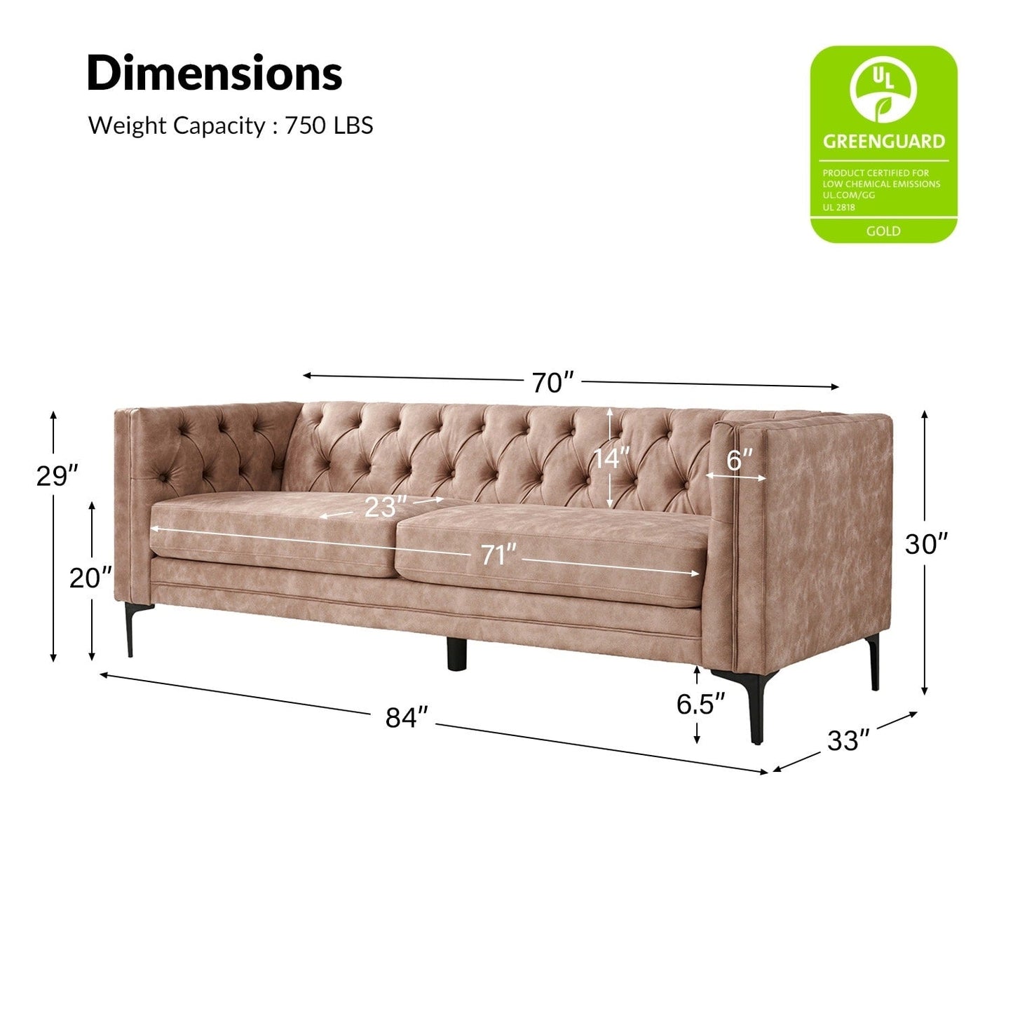 Divano classico con braccioli quadrati Calymne 84 e schienale con bottoni trapuntati di HULALA HOME
