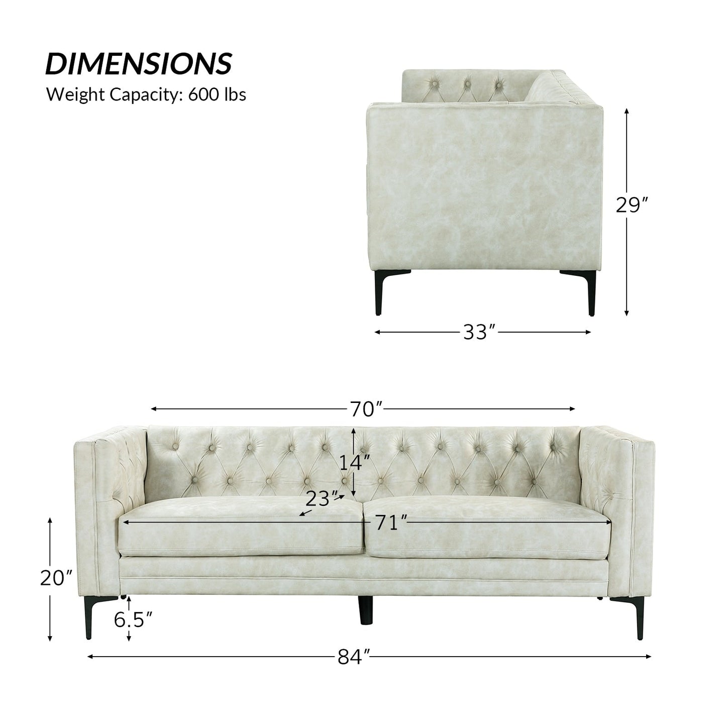 Divano classico con braccioli quadrati Calymne 84 e schienale con bottoni trapuntati di HULALA HOME