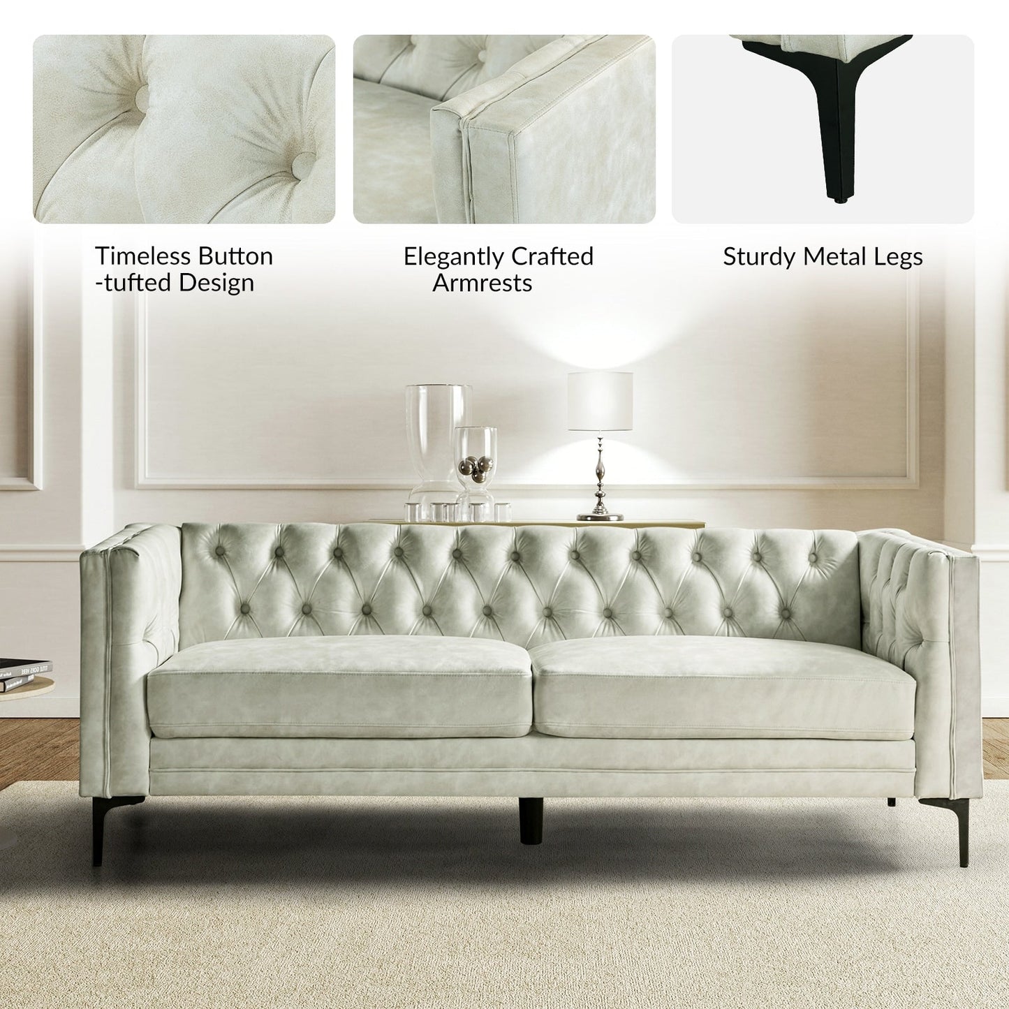 Divano classico con braccioli quadrati Calymne 84 e schienale con bottoni trapuntati di HULALA HOME