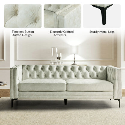 Divano classico con braccioli quadrati Calymne 84 e schienale con bottoni trapuntati di HULALA HOME