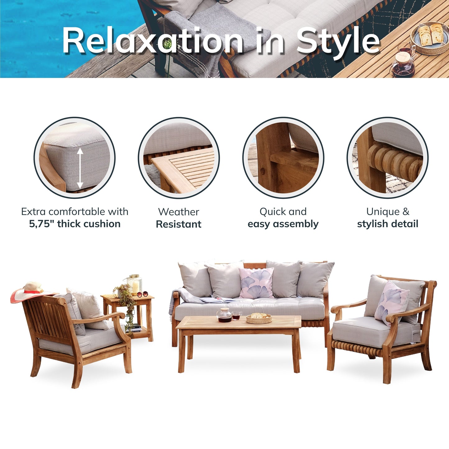 Set da conversazione per patio in teak Cambridge Casual Chara da 5 pezzi