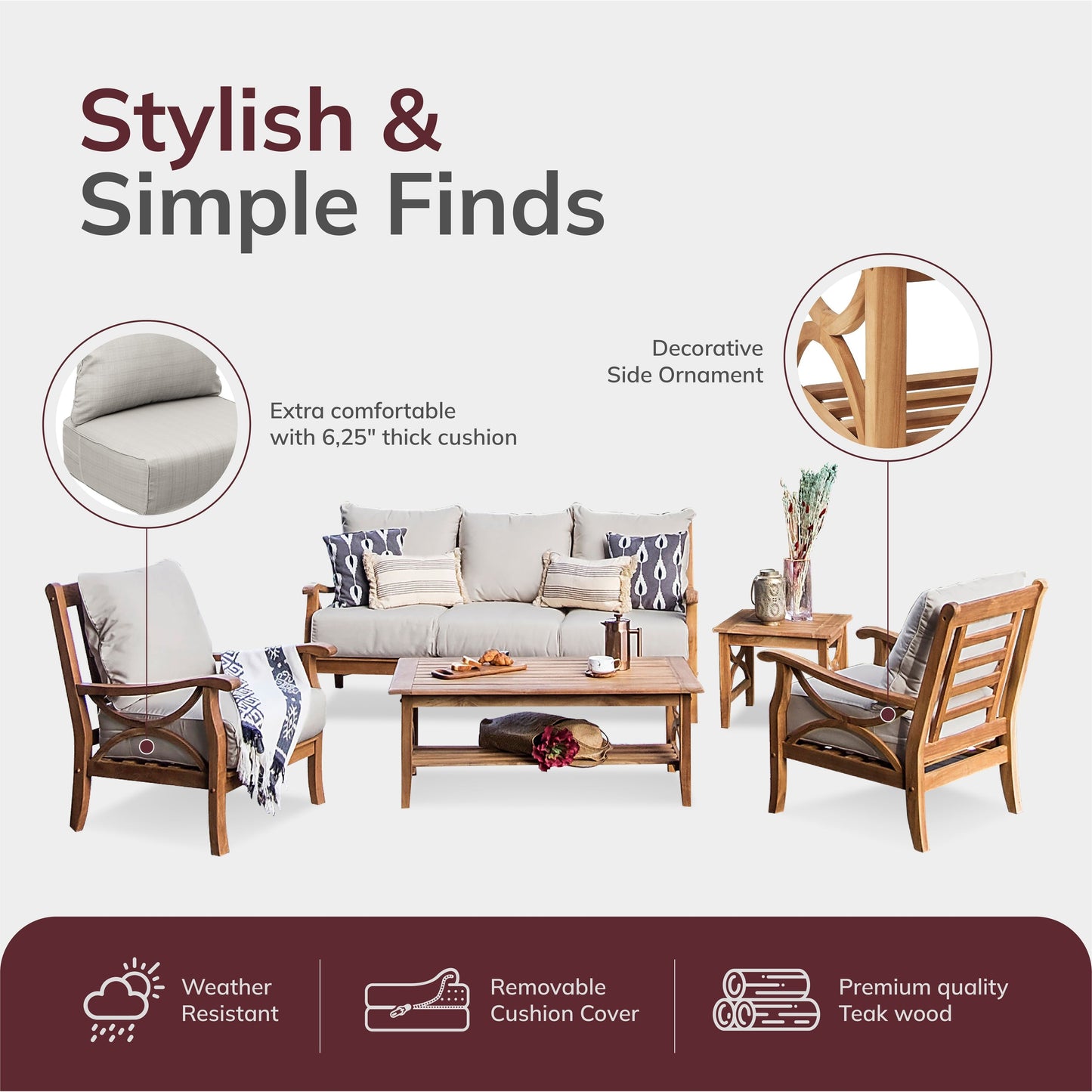 Set da conversazione per esterni Cambridge Casual Lowell in legno di teak da 5 pezzi