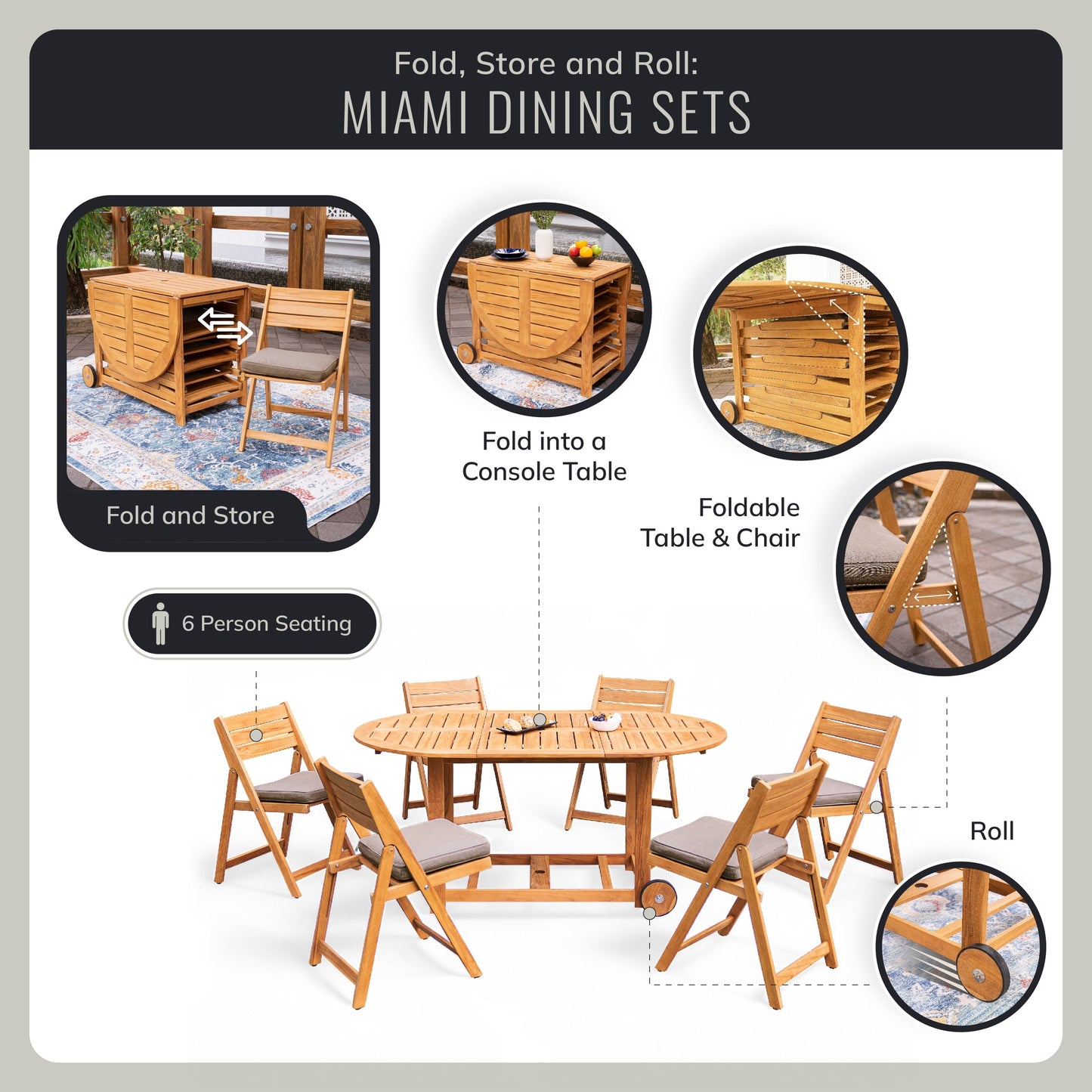Set da pranzo pieghevole da esterno Cambridge Casual Miami da 7 pezzi in teak con cuscino per seduta Sunbrella