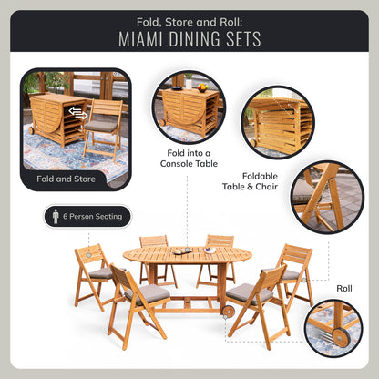 Set da pranzo pieghevole da esterno Cambridge Casual Miami da 7 pezzi in teak con cuscino per seduta Sunbrella