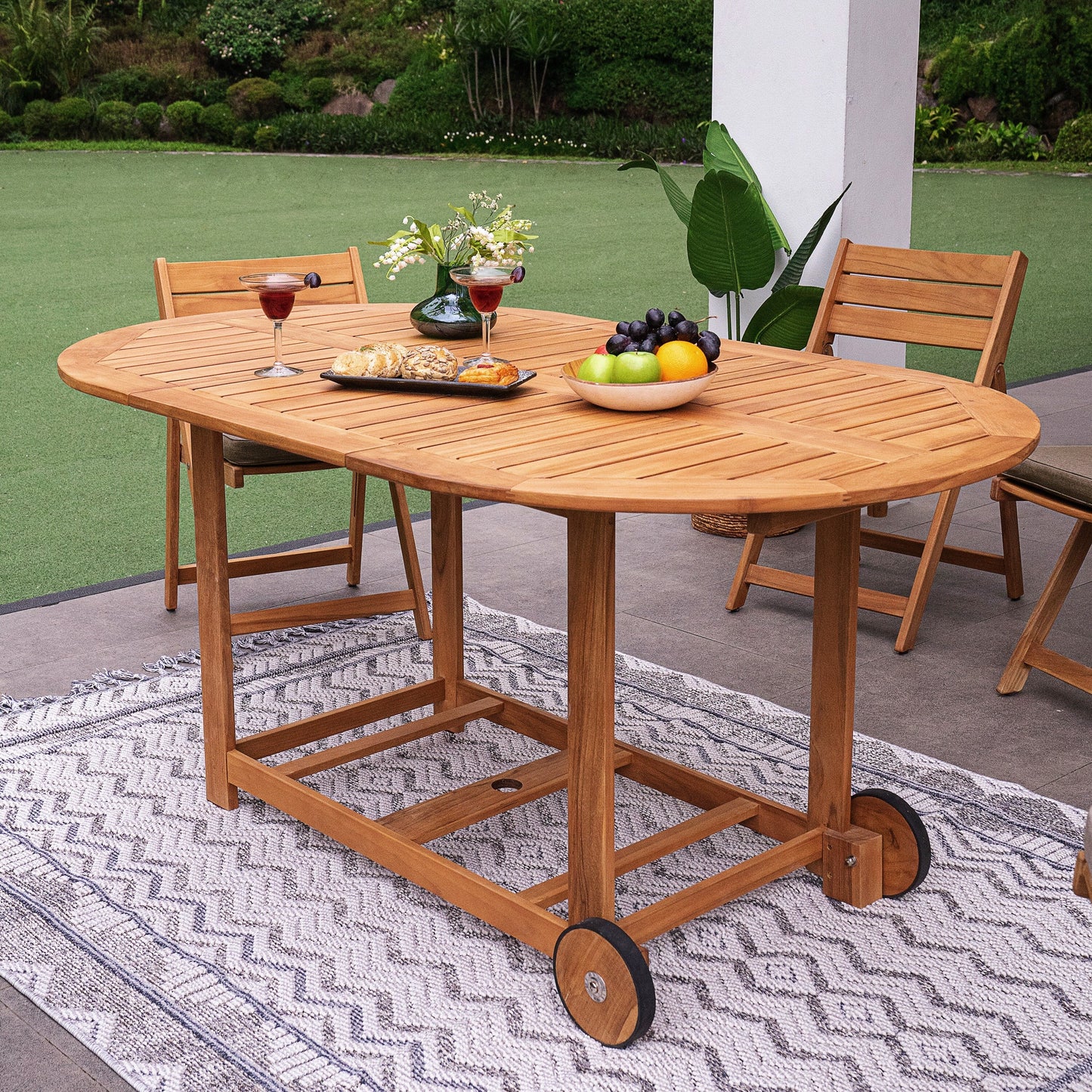 Set da pranzo pieghevole da esterno Cambridge Casual Miami da 7 pezzi in teak con cuscino per seduta Sunbrella