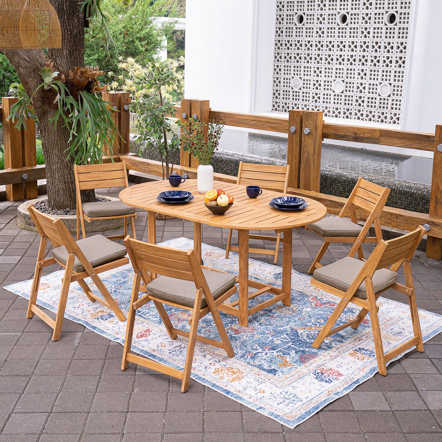Set da pranzo pieghevole da esterno Cambridge Casual Miami da 7 pezzi in teak con cuscino per seduta Sunbrella
