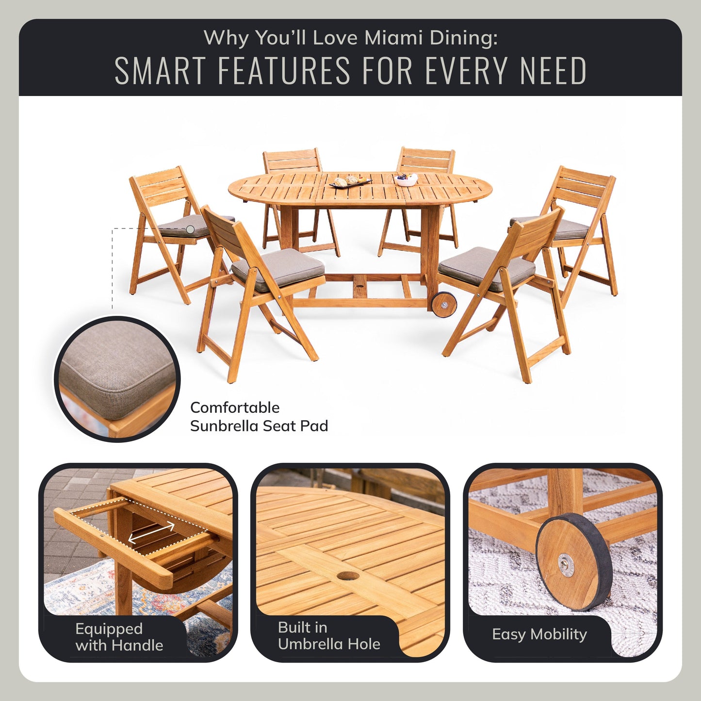 Set da pranzo pieghevole da esterno Cambridge Casual Miami da 7 pezzi in teak con cuscino per seduta Sunbrella