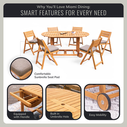 Set da pranzo pieghevole da esterno Cambridge Casual Miami da 7 pezzi in teak con cuscino per seduta Sunbrella