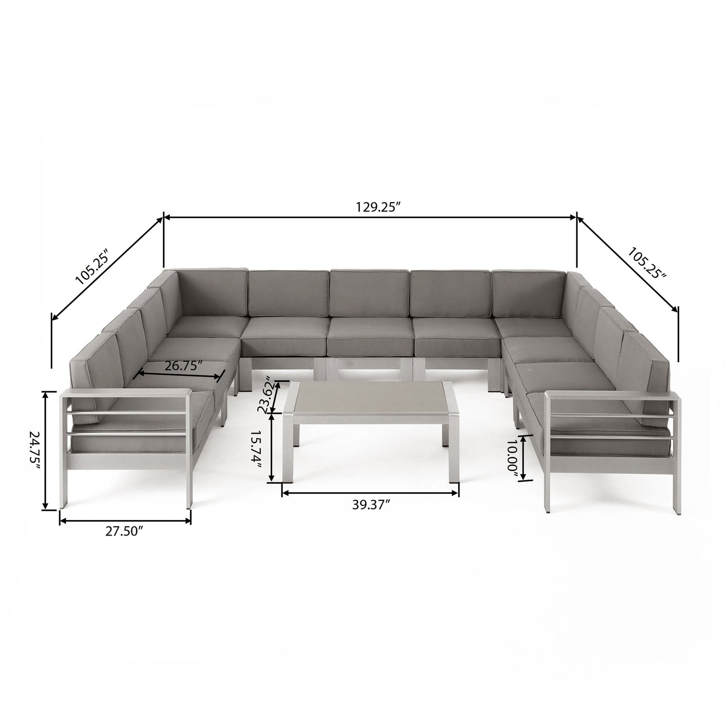 Divano componibile e tavolo a forma di U in alluminio da 11 posti Cape Coral Outdoor di Christopher Knight Home