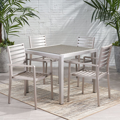 Set da pranzo moderno da esterno Cape Coral da 4 posti in alluminio con piano in vimini di Christopher Knight Home