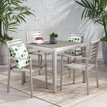 Set da pranzo moderno da esterno Cape Coral da 4 posti in alluminio con piano in vimini di Christopher Knight Home