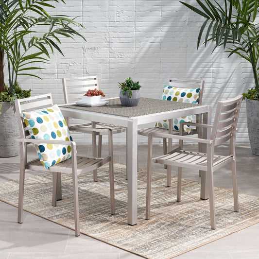 Set da pranzo moderno da esterno Cape Coral da 4 posti in alluminio con piano in vimini di Christopher Knight Home