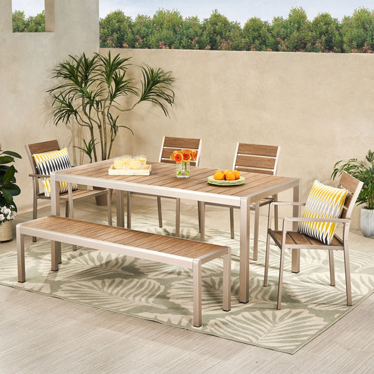 Set da pranzo moderno in alluminio da 6 posti con panca da pranzo Cape Coral Outdoor di Christopher Knight Home