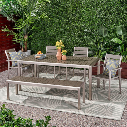 Set da pranzo moderno in alluminio da 6 posti con panca da pranzo Cape Coral Outdoor di Christopher Knight Home