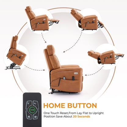 Poltrona reclinabile elettrica in pelle color caramello con massaggio a 8 punti, riscaldamento lombare, USB, posizione distesa